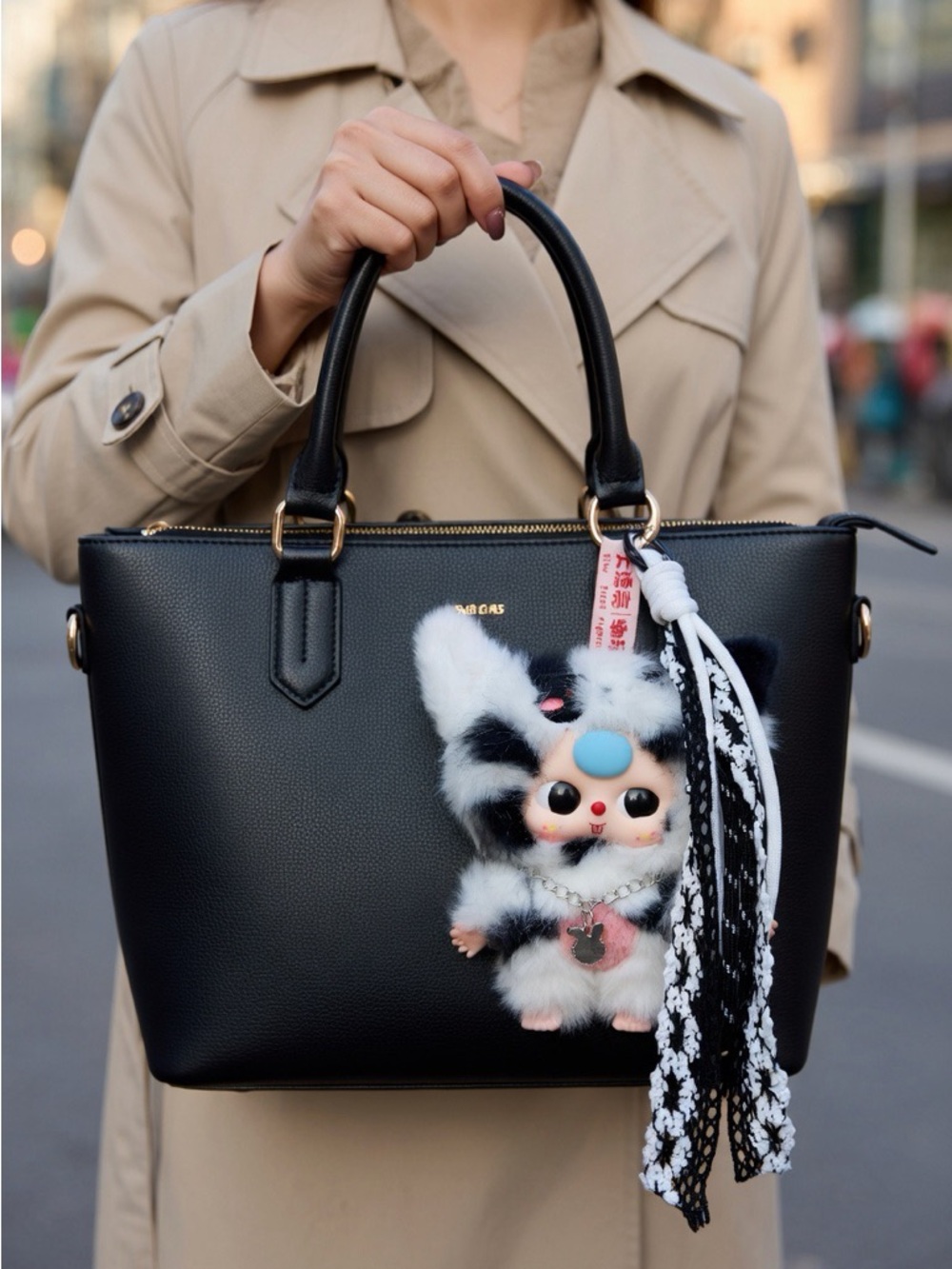 Kawaii Black & White Furry Doll Keychain with cord Accent
